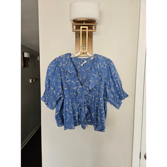 DOEN Blue Bluebell Ballad Floral Henri Top Cotton Blouse Size X-Small - Picture 5 of 16